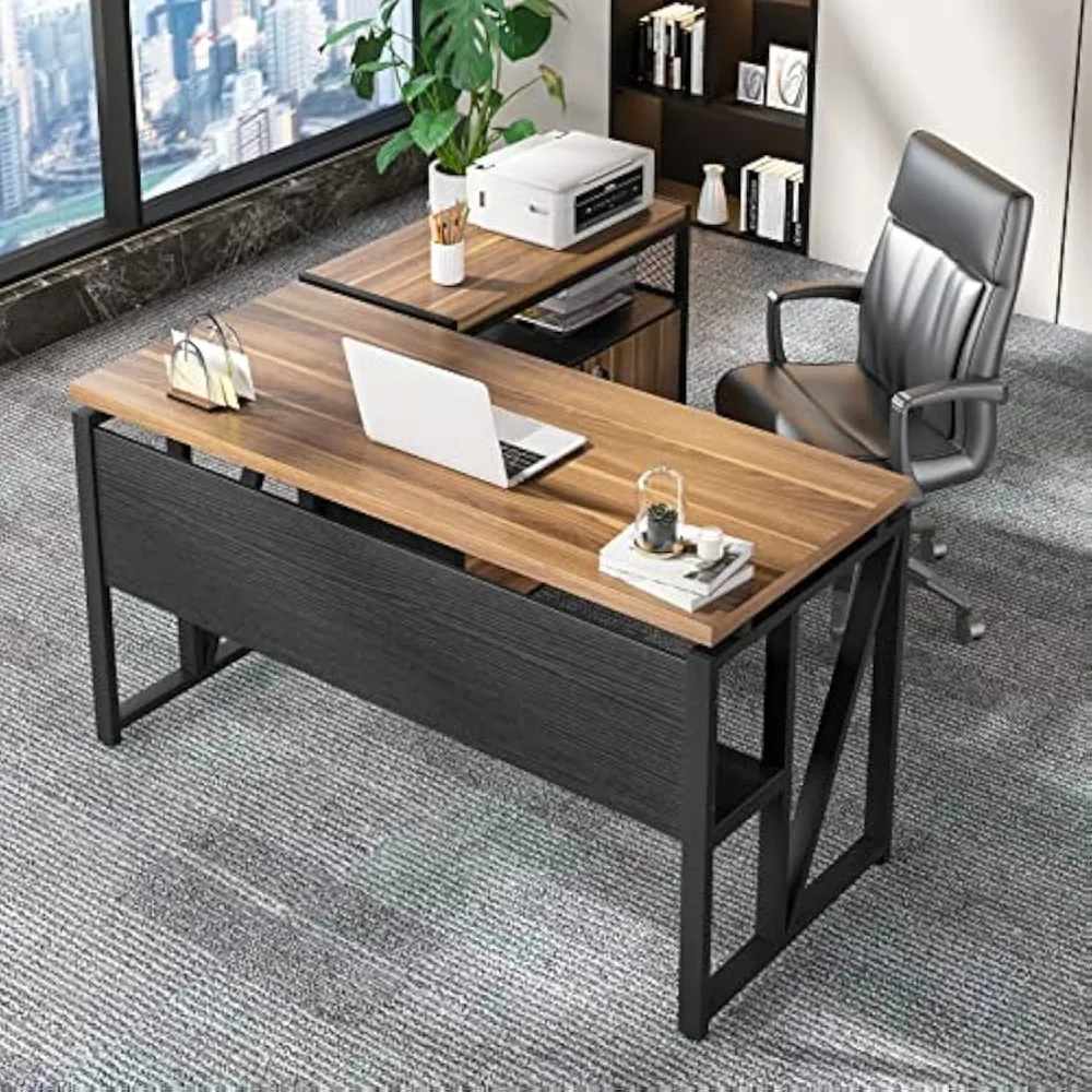 Desk with Drawer, 55" Long Computer Desk with Storage Rack and Mobile Document Cabinet, Home Office Furniture Set Executive Des