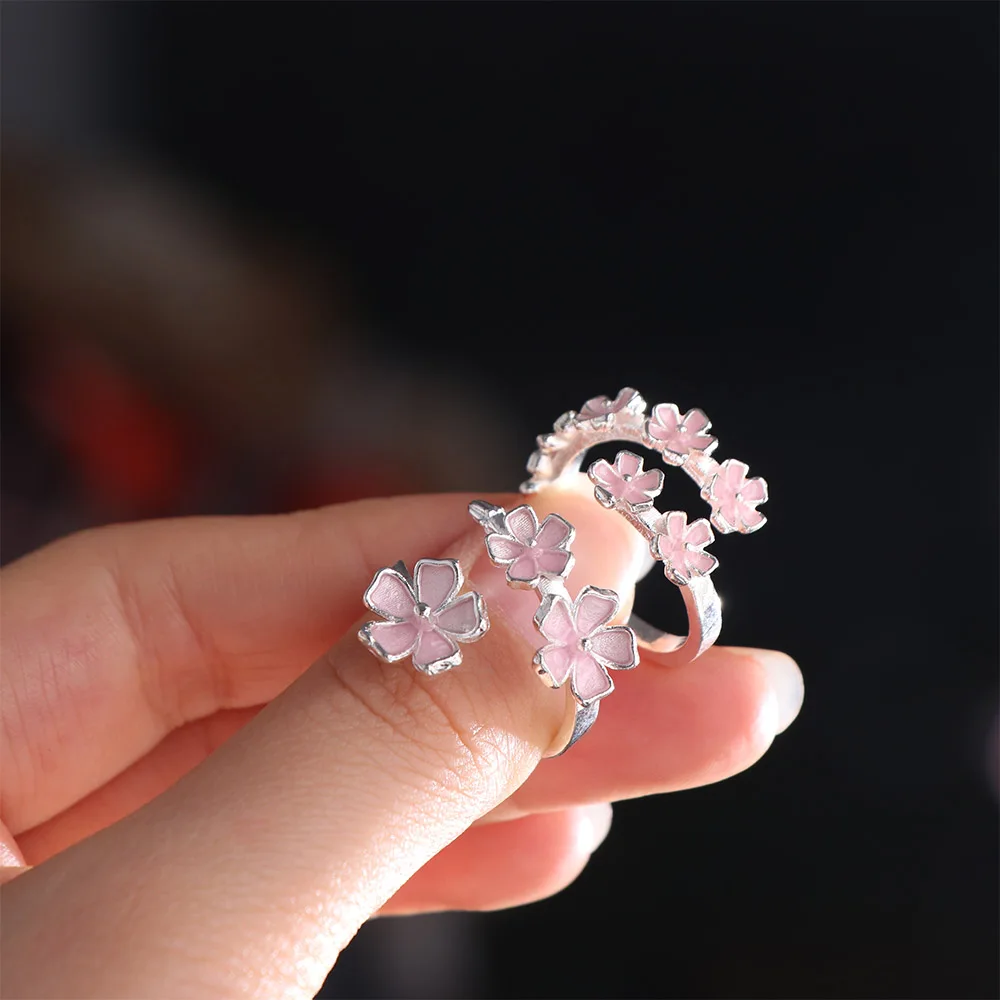 New Sweet Pink Cherry Blossom Ring Drop Oil Design Three Flower Open Adjustable Ring Dainty Niche Design Flower Bracelet Gift