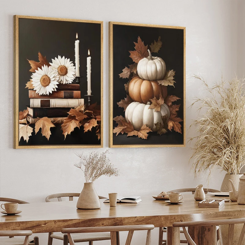 1pc frameless Canvas Painting 1pcs(No frame)Autumn Urban Forest Deciduous Pumpkin Wildflower Pastoral Scenery Retro Poster Canva