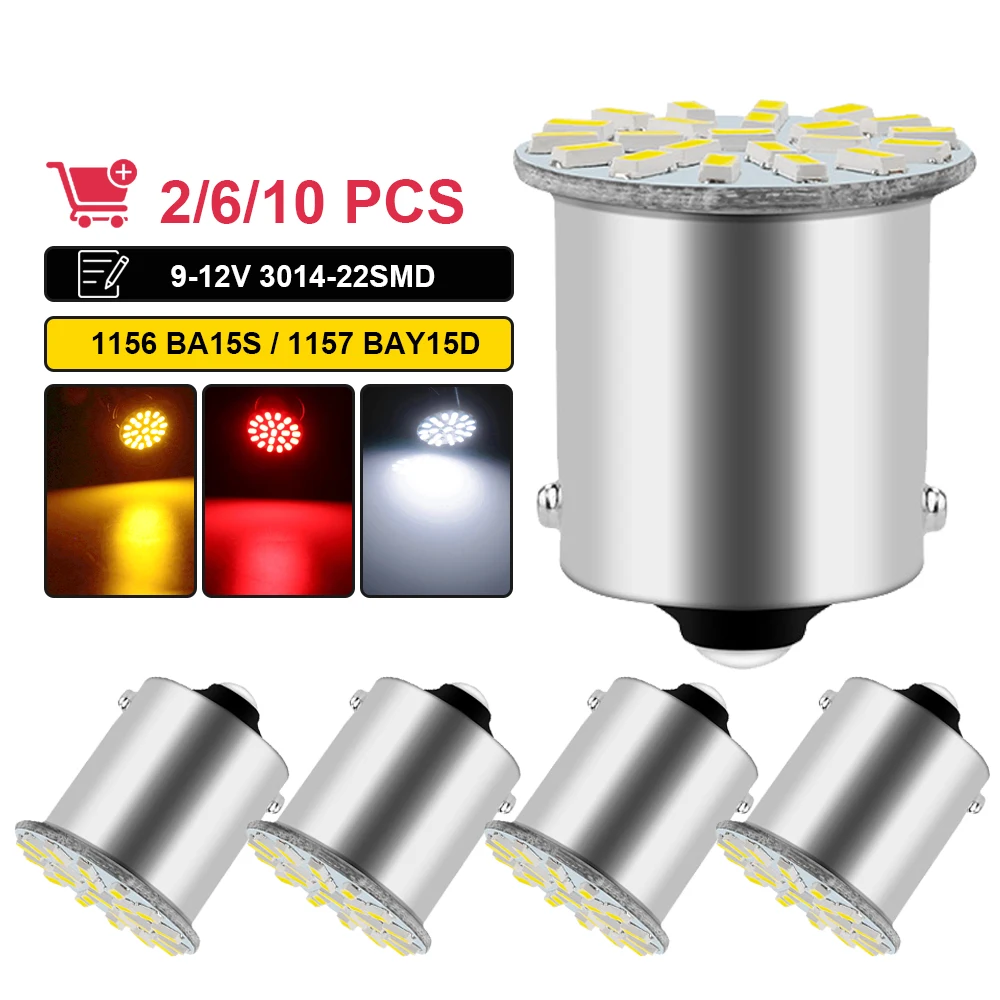 2/6/10 PCS P21/5W 1157 BAY15D 1156 BA15S LED Bulb 12V 3014 22SMD 7000K White Car Turn Signal Light Parking Brake Reverse Lamps