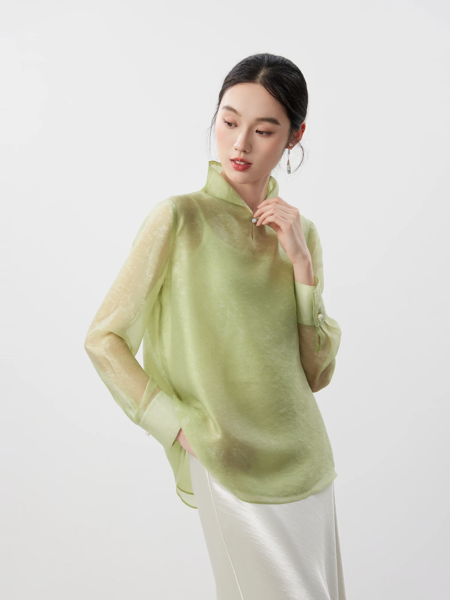 

Elegant Pearl Button Loose Shirt Women's Spring New Style Oriental Charm Misty Beauty Scenic Eastern Flavor Chimney Collar