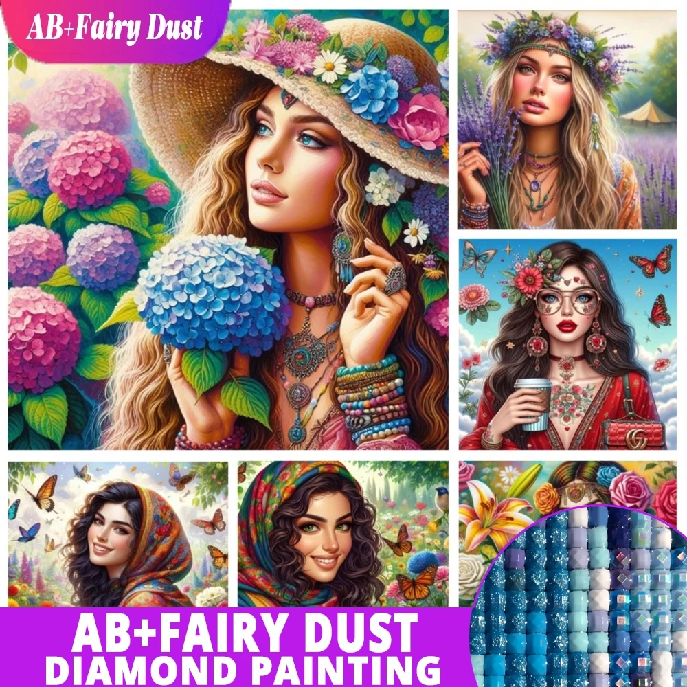 

AB Фея Пыль 5d Diy Алмазная картина Стежка Красивая женщина и гортензия Полный горный хрусталь Алмазная мозаика Украшение дома