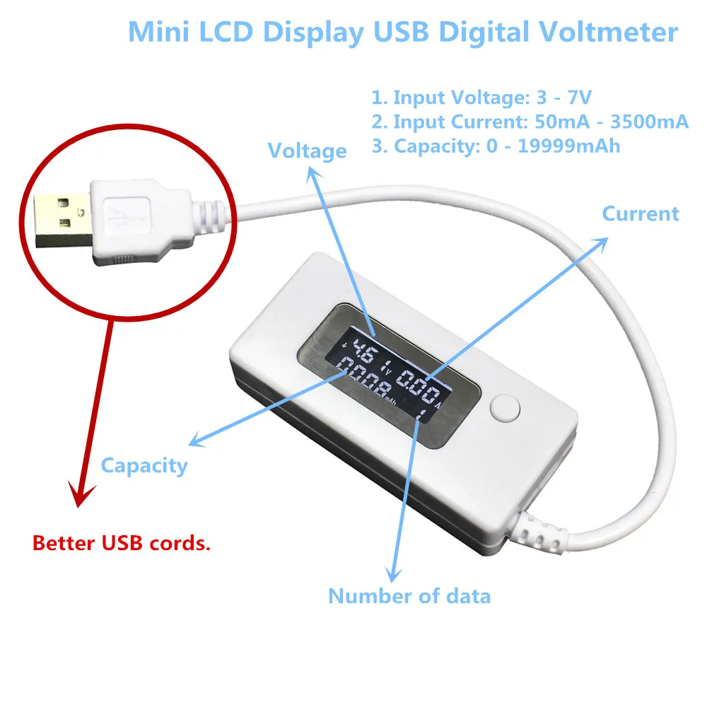 LCD Micro USB Charger Battery Capacity Voltage Current Tester Meter Black+USB Mini Discharge Load Resistor 2A/1A with Switch