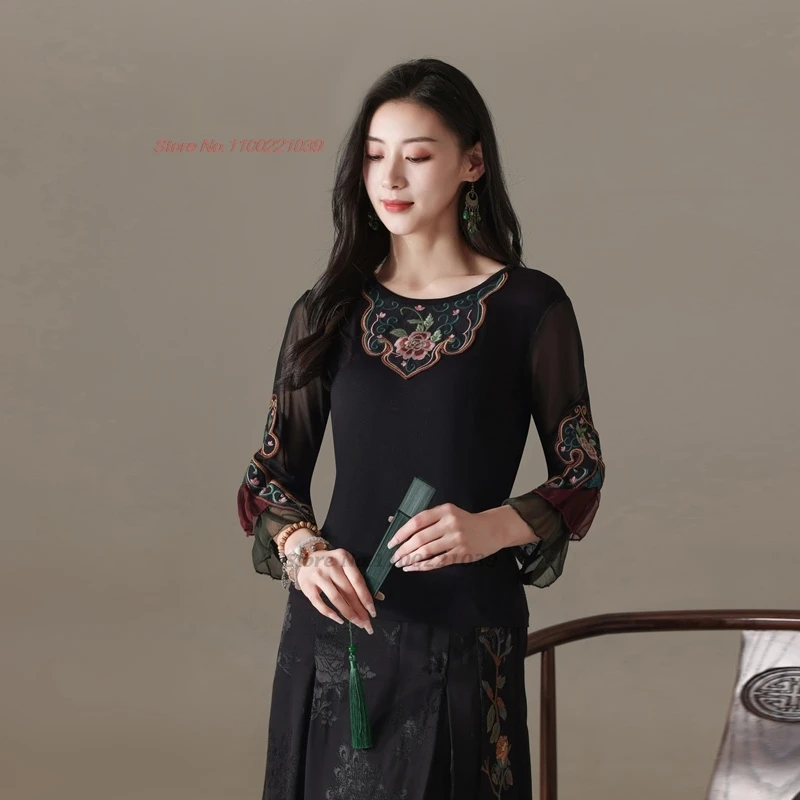 2025 traditional chinese vintage mesh sleeve shirt national flower embroidery o-neck folk shirt chinese base shirt streetwear