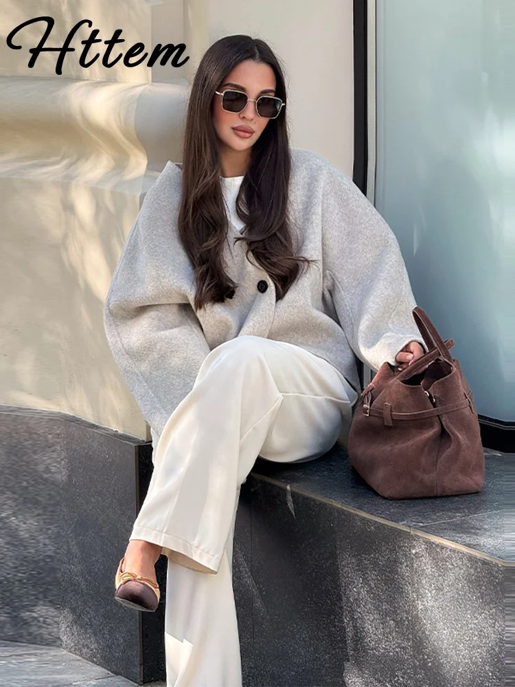 

Casual Woolen Women's Coat Solid One Button V-Neck Long Puff Sleeve Loose Lady Short Coats 2025 Autumn Female Street Outwear New