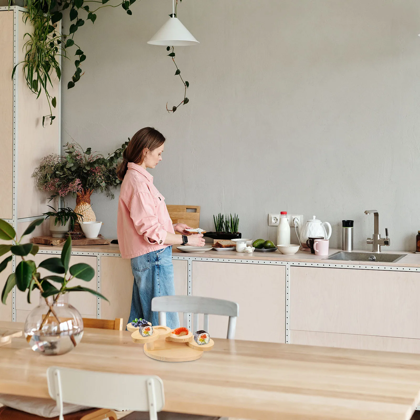 

Wooden Sushi Plate Table Five-Step Ladder Snack Display Stand Floral Shape Food Dessert Serving Tray Restaurant Display