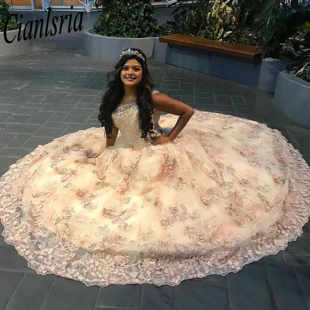 Champagne Quinceanera Dresses Sweet 16 Sexy Sweetheart Applique Formal Princess Birthday Party Gowns