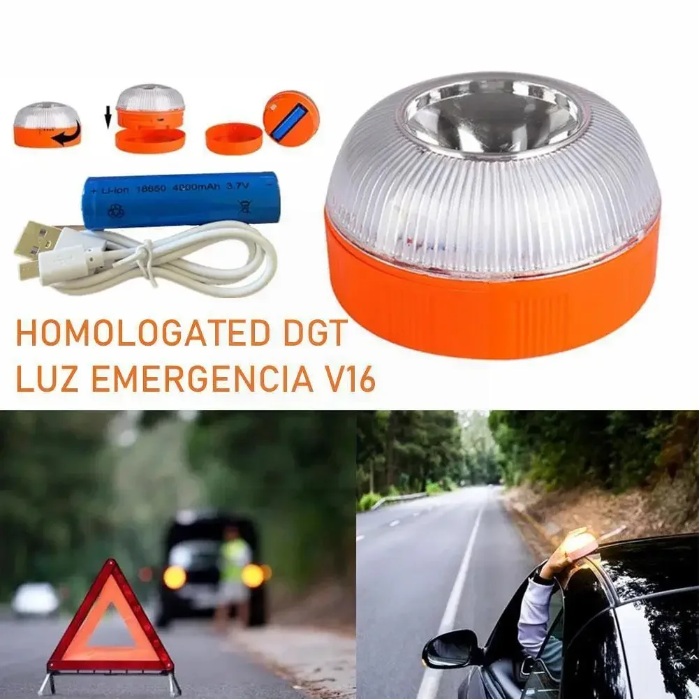 Emergency Light V16 Homologated Dgt Approved Car Help Flash Beacon Light Magnetic Induction Strobe Light Yellow White Waterproof