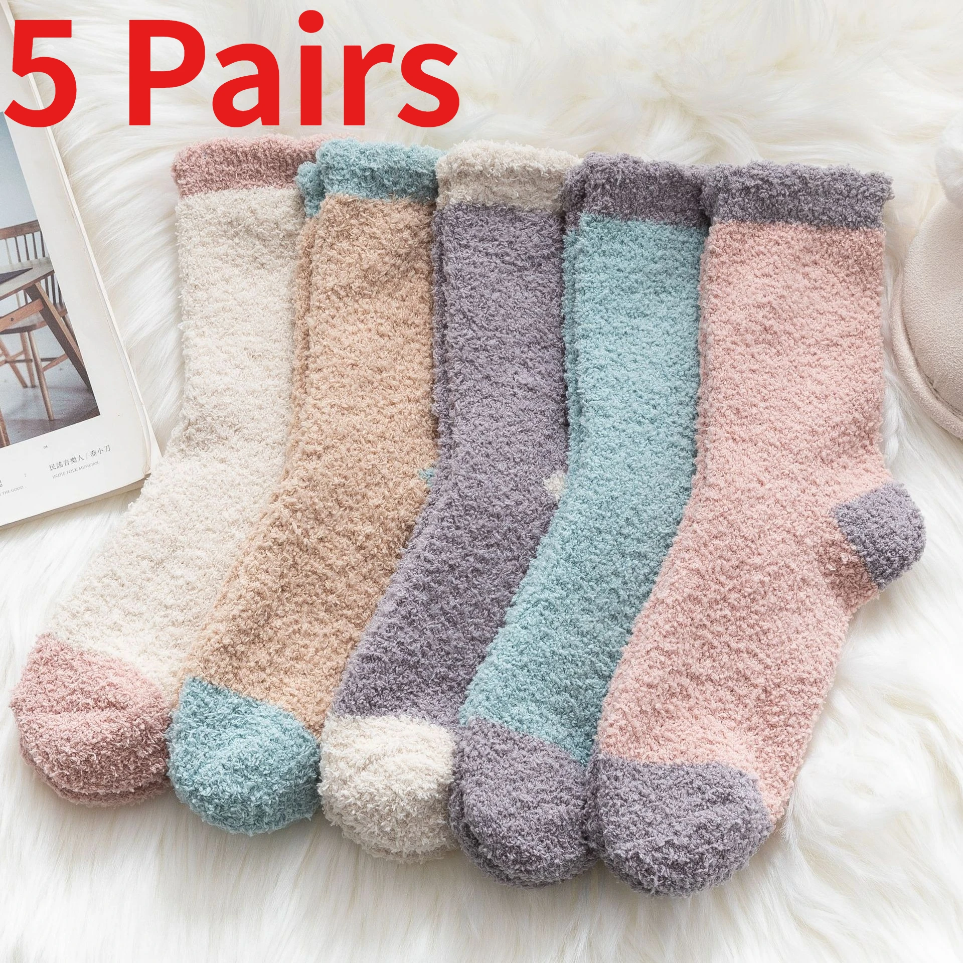 1/5Pairs Women Fuzzy Socks Thick Coral Fleece Winter Crew Socks Soft Warm Sleeping Socks Cozy Thermal Home Lounge Socks for Cold