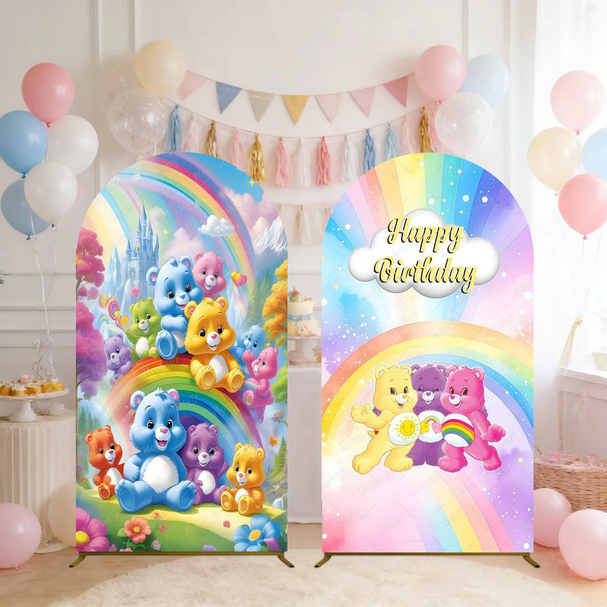 Cute Rainbow Bear Arch Backdrop Cover for Girls Birthday Party Decoration Baby Shower Photo Photography Background Studio Shoot