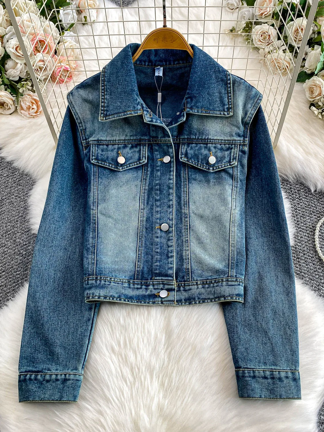 레트로 아메리칸 블루 워시드 데님 칼라 재킷 숏 아우터웨어 여성용 가을 겨울 루즈 슬림핏 탑 버튼 클로저