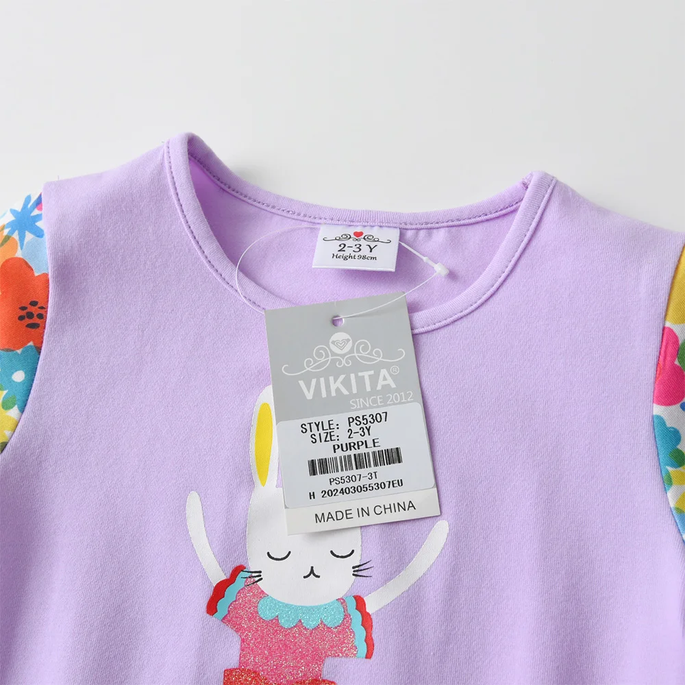 VIKITA Mädchen 2-teiliges Set Kinder Lila Kaninchen Kurzarm Baumwolle Casual T-Shirt Tops T-Shirts und Blumenhosen 2-teiliges Kleidungsset – Detail 6