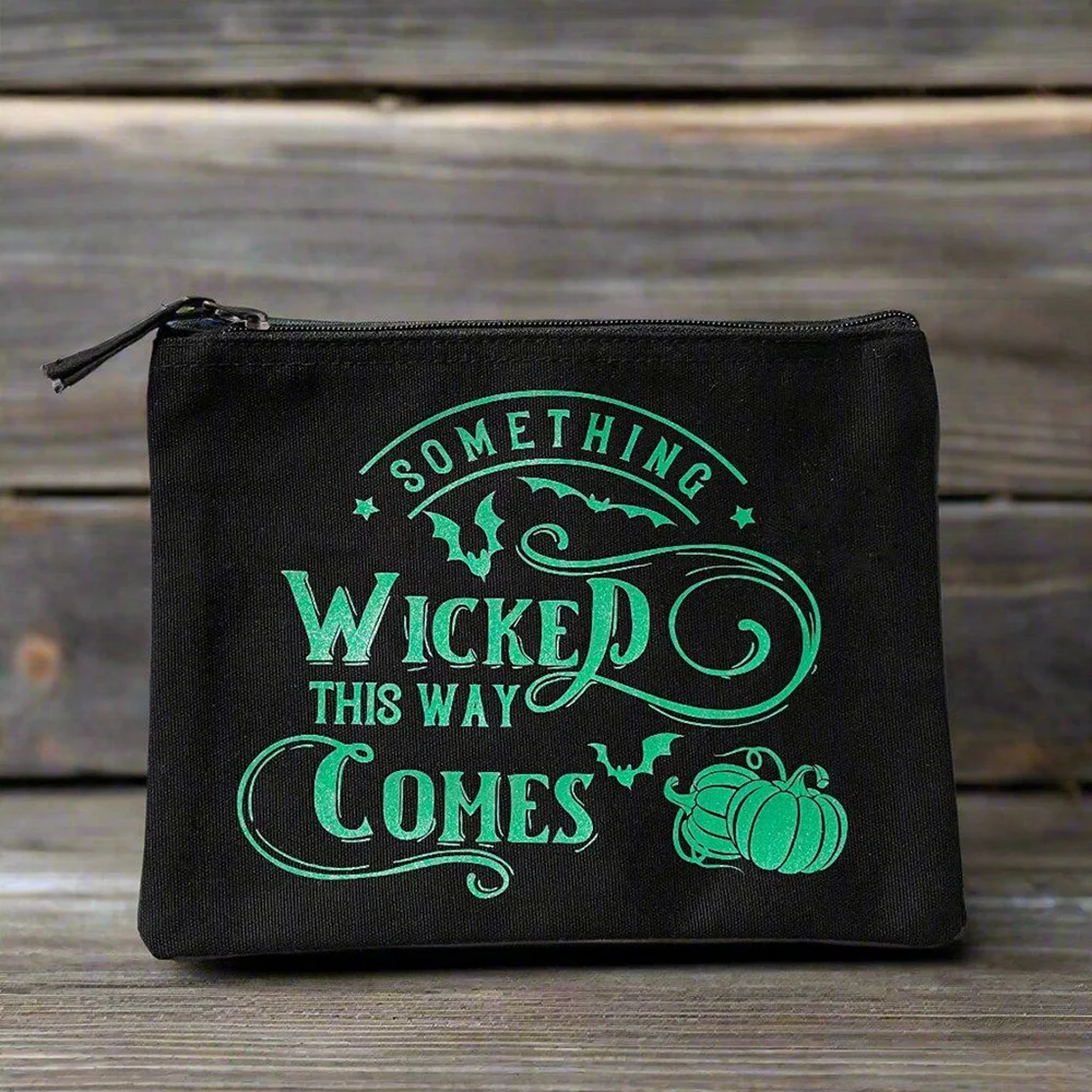 

1Pcs 6.1*8.9*1.8 Inch Something Wicked This Way Comes Halloween Makeup Bag Gothic Style Toiletry Bag Fall Halloween Accessories