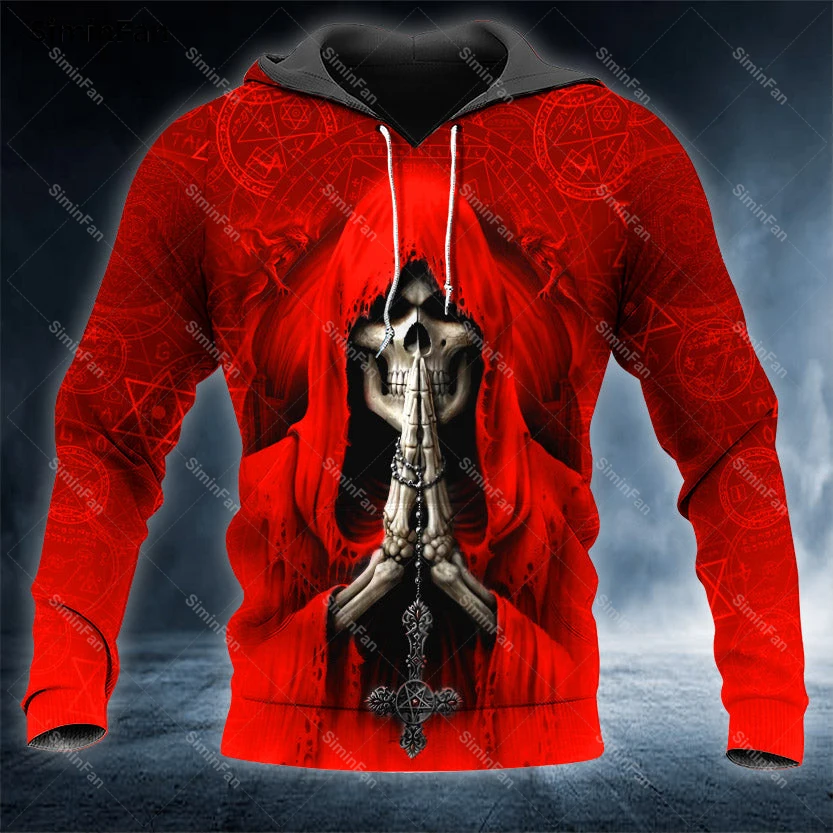 Grim Reaper Blue Red Pray Skull 3D Printed Hoodies Zipper Jacket Mens Hooded Pullover Coat Unisex Outwear Casual Sweatshirt Top