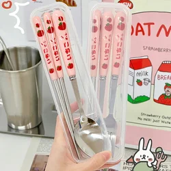 Korean Style Cute Strawberry Chopsticks Spoon Fork Cutlery Set with Box Portable Stainless Steel Tableware Kitchen Utensils