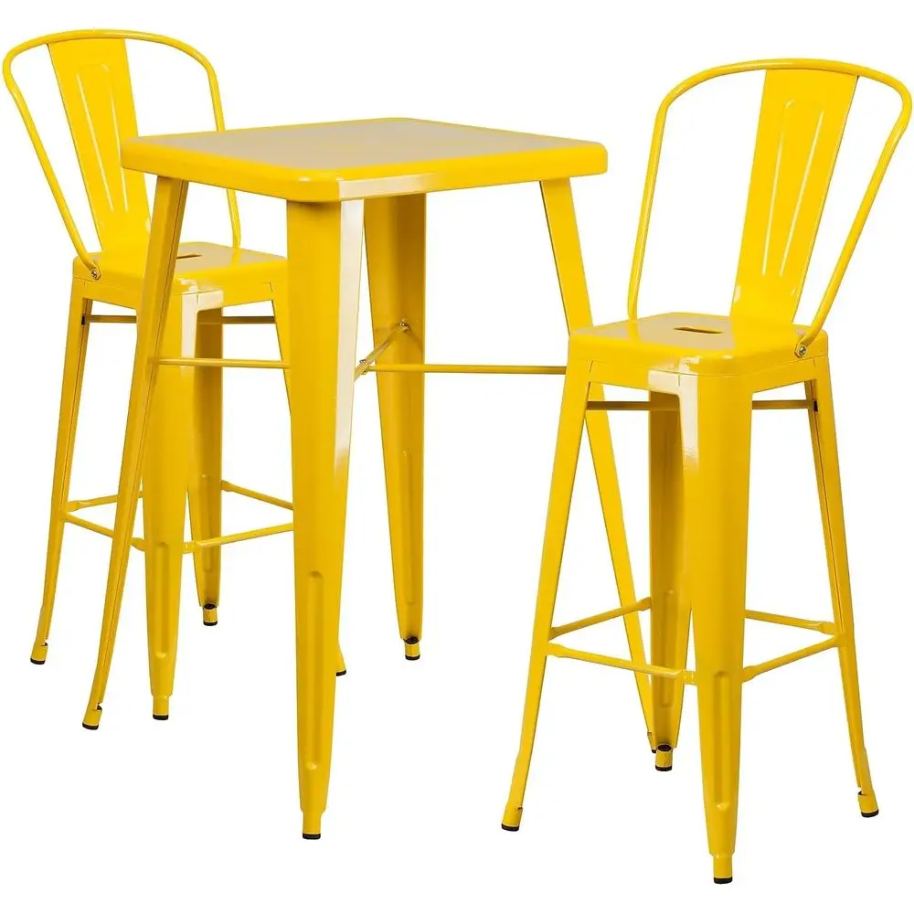 

23.75 Yellow Outdoor Square Metal Bar Table Set with 2 Backed Stools