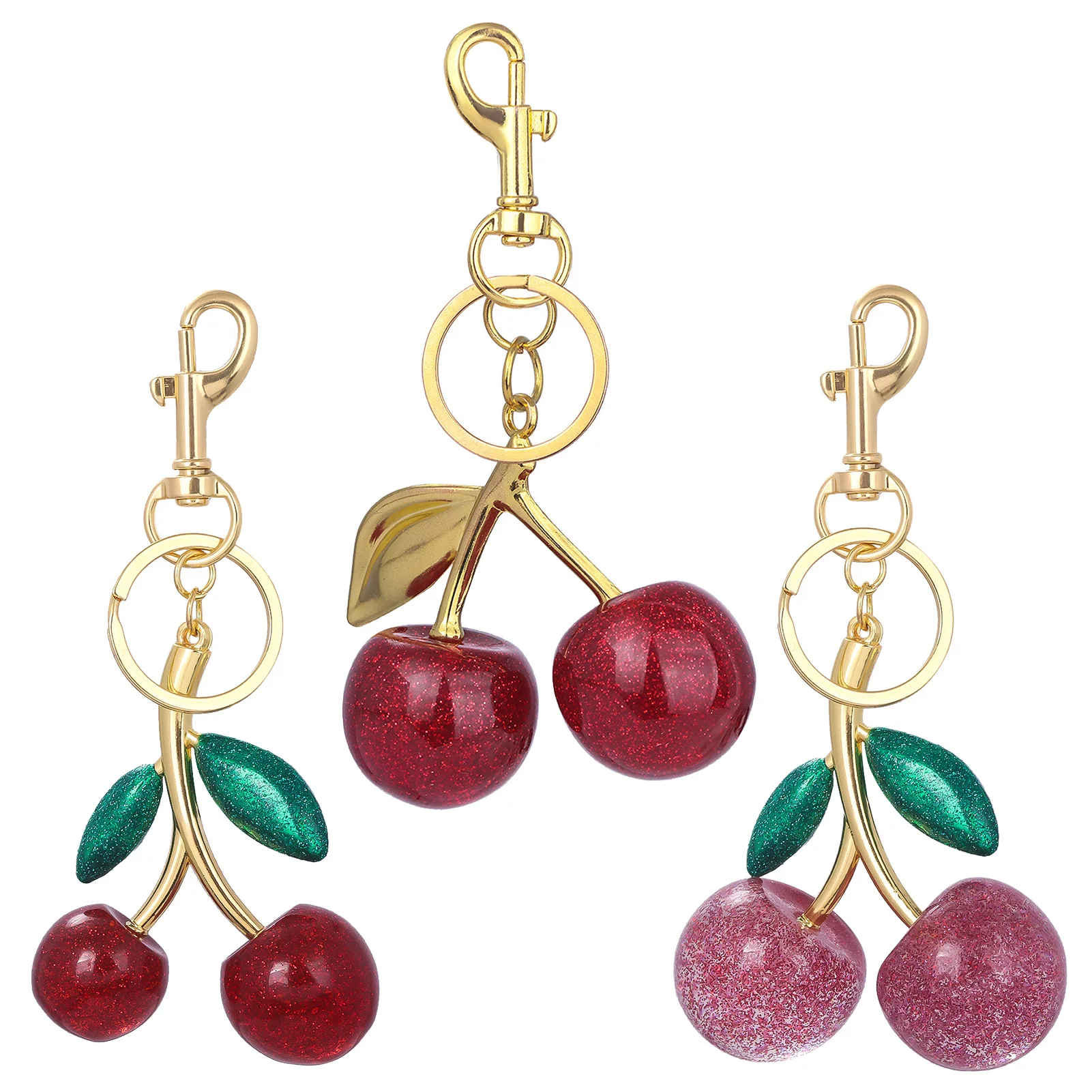Fashionable Delicious Green Leaf Light Pink Crystal Cherry Keychain Fruit Cherry Pendant Men And Women Jewelry Bag Accessories