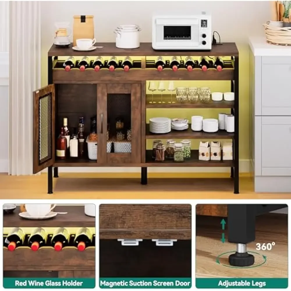 Armário industrial de bar de café de 47 "com luzes LED e tomadas de energia, armário de bebidas com portas, rack de vinho, armazenamento, aparador de madeira de metal