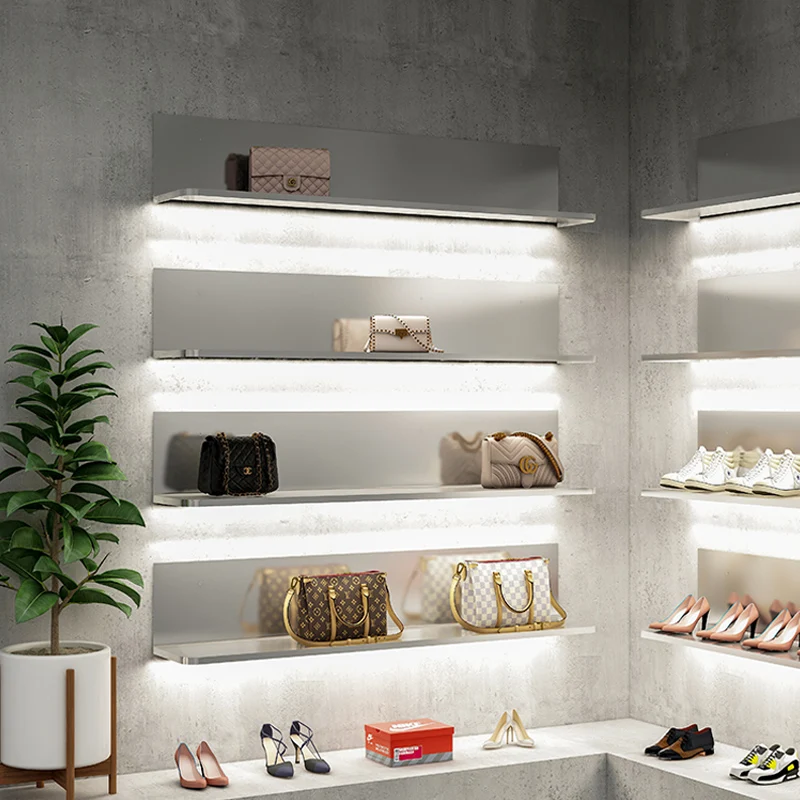 Clothing store stainless steel shelves, multi-layer shoe racks on the wall, display racks in the live stream