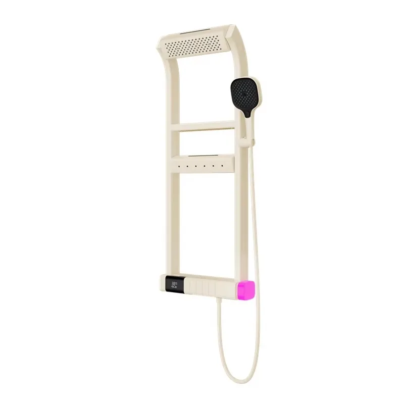 

Modern Milky White Grey Shower Set Double Layer Storage Rack Pressurized Mixer Thermostatic Faucet Rain Spray Panel System