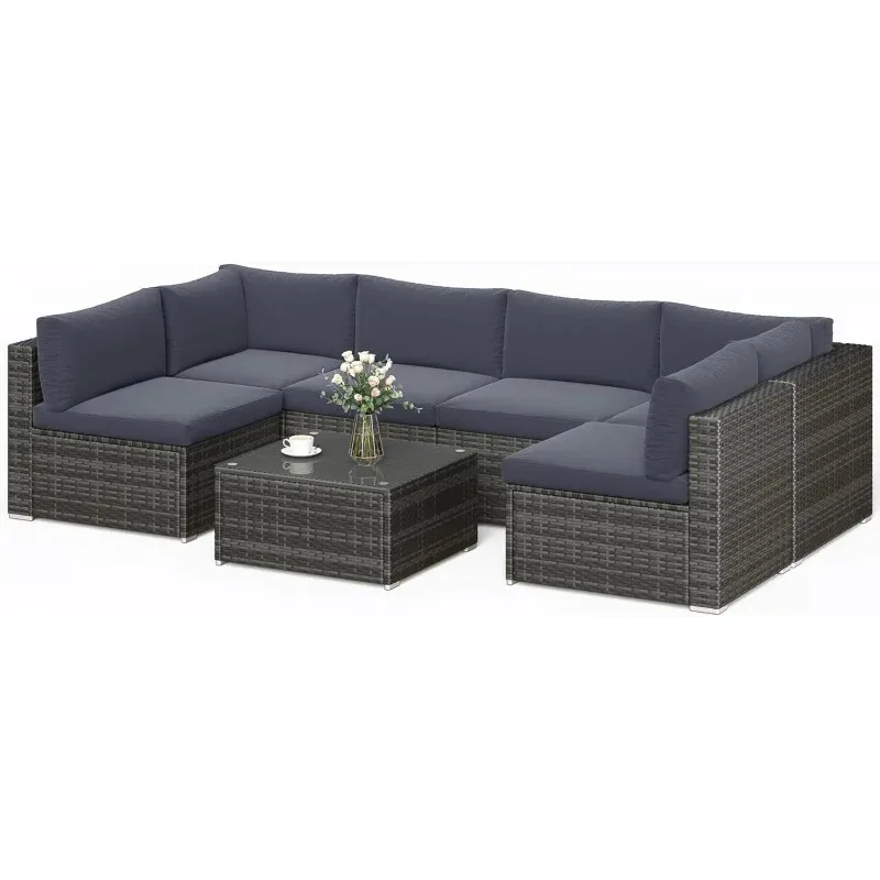 

QWQsunvivi outdoor 7 piece patio furniture sets all weather Gery PE wicker couch sofa with glass table, removable Dark Grey CUSO