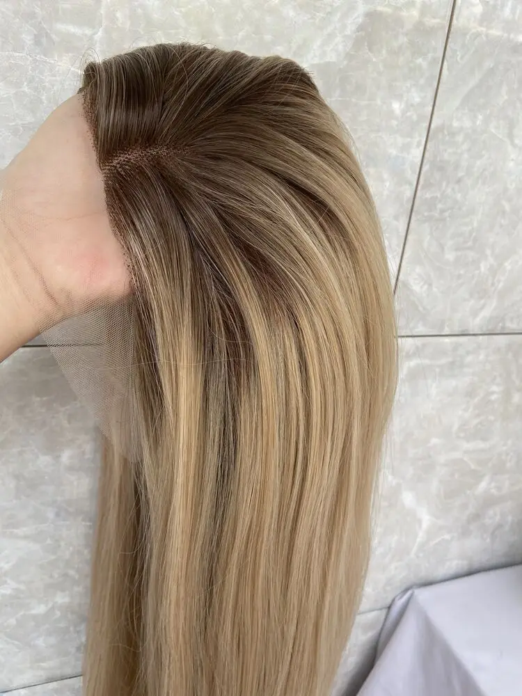 Perruque Lace Front Wig naturelle lisse, blond, racines foncées, mélange de cheveux, chaleur