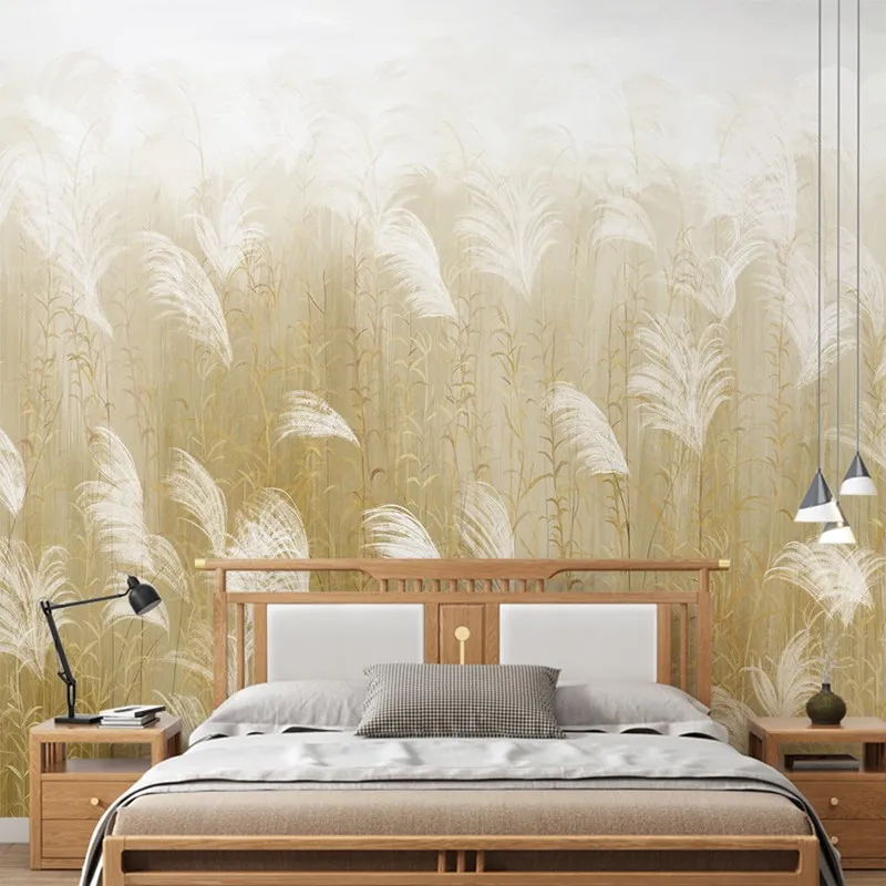 

Modern simple new Chinese wallpaper Reed Pastoral murals style bedroom bedside wallpaper Living room TV background 3D wallpaper