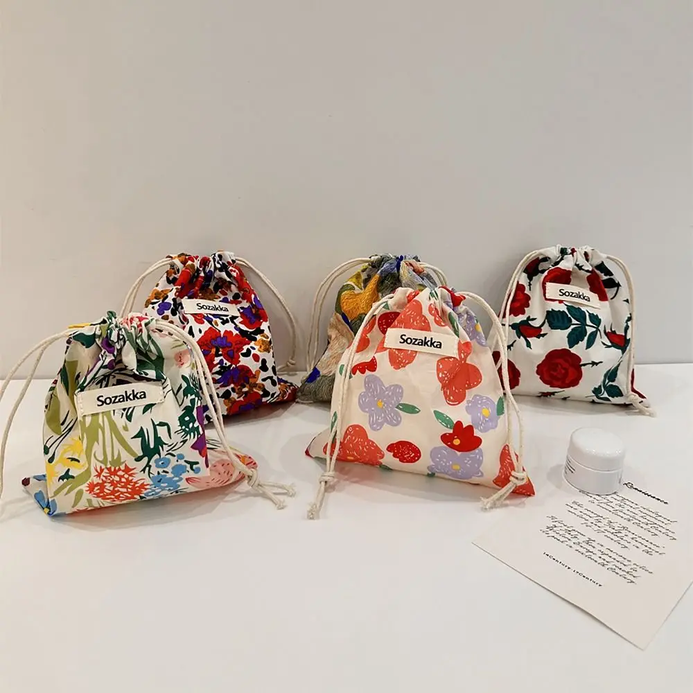 Canvas Flower Printing Drawstring Bag Japanese Style Coin Purse Jewelry Storage Bag Pull Rope Pouch Women Girls Ladies