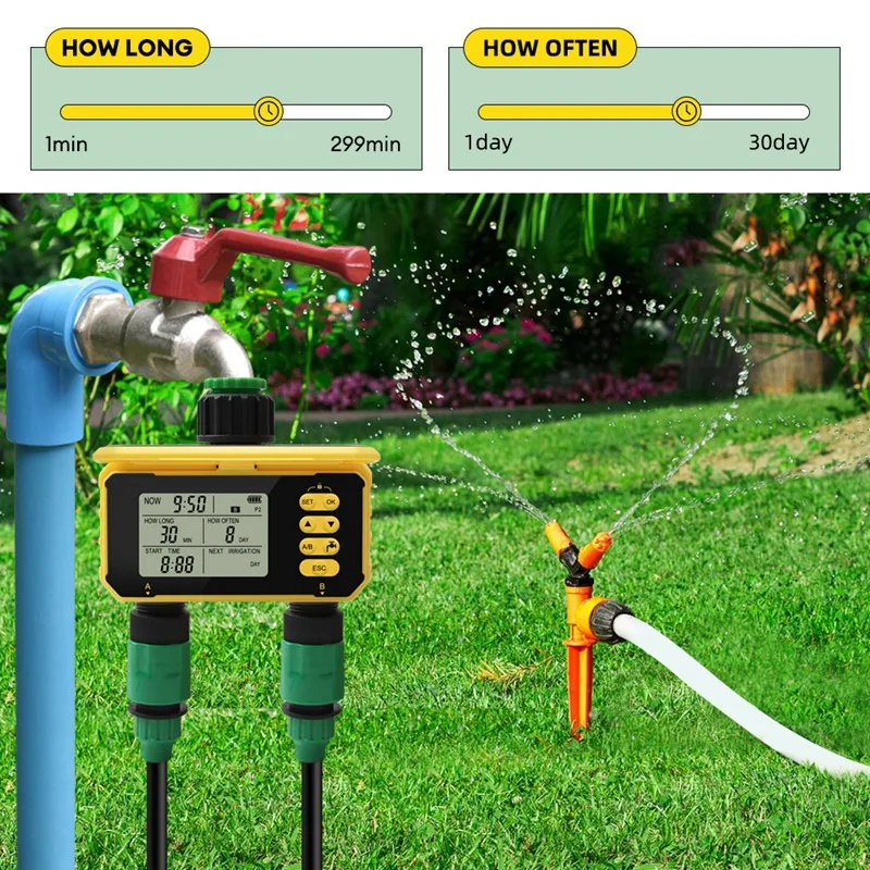 2 Outlets Watering Auto Irrigation Solar Charging Digital Sprinkler Water Valve Controller For Garden Outdoor