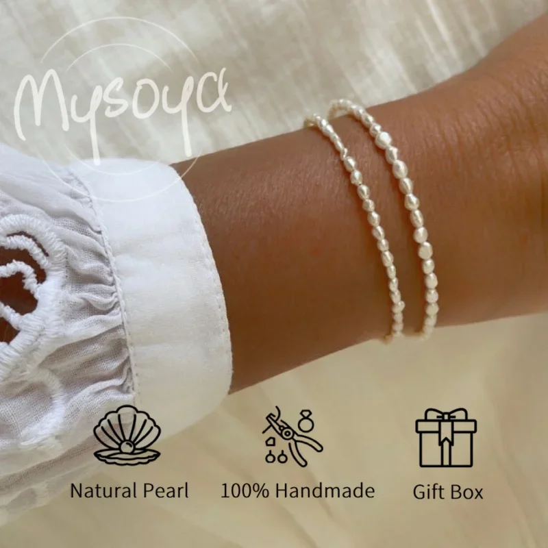 

MYSOYA 3-4mm Natural White Baroque Freshwater Pearl Bracelet For Women And Men With Gift Box Birthday Wedding Anniversary Gift