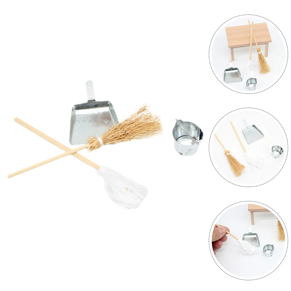 1 Set House Mini Cleaning Tools Micro Landscape Broom Dustpan Mini Mop Bucket Model Miniature Dolls Cleaning Tools