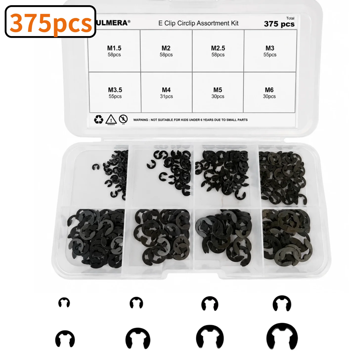 375/520Pcs M1.5-M15 Black Alloy E Clip Set External Retaining Ring Assortment Kit Metric Circlip for Shaft Bearing Hardware