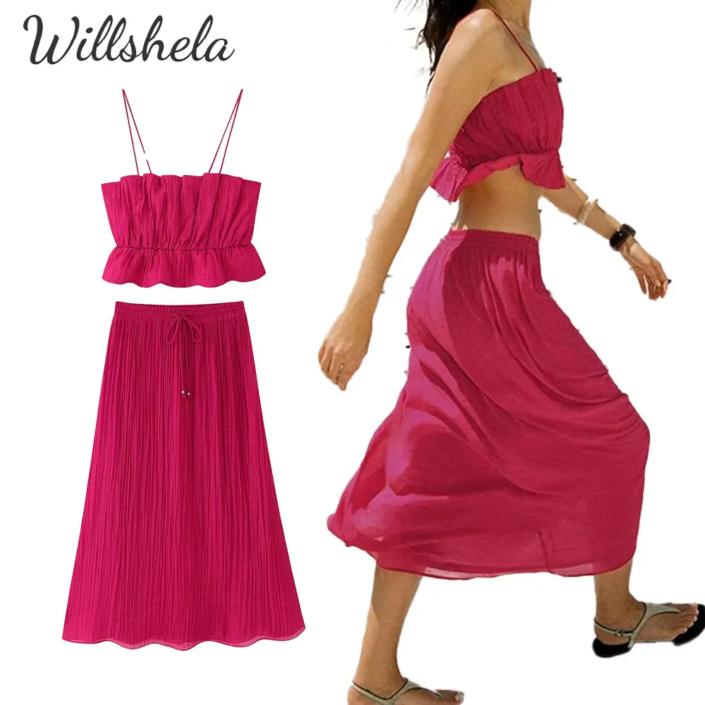 

Willshela женские модные комплекты из 2 предметов, красный камзол и плиссированная юбка-миди, женские шикарные женские повседневные элегантные костюмы