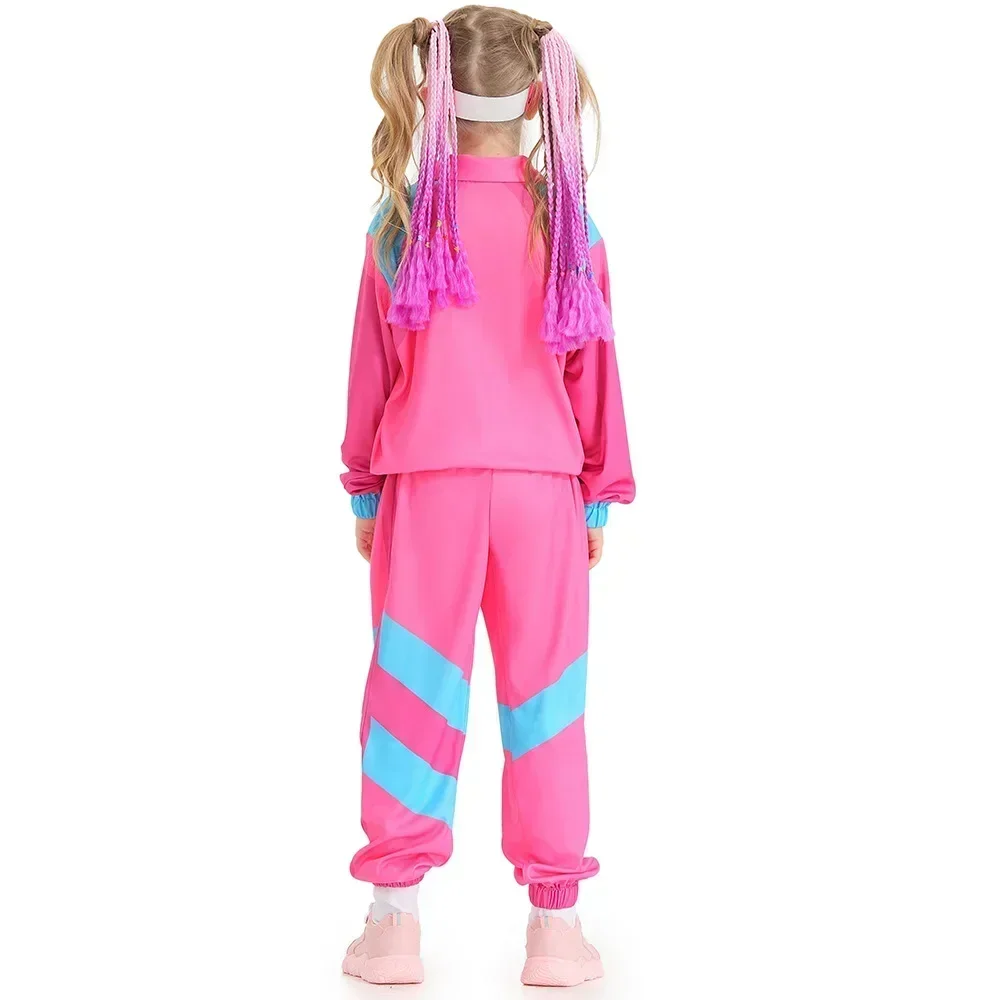 Boys and Girls 80s Tracksuit Hip Hop Costume Top Pants Sets Outfit Retro Disco Dance Sportswear Blue Pink Baseball Uniform