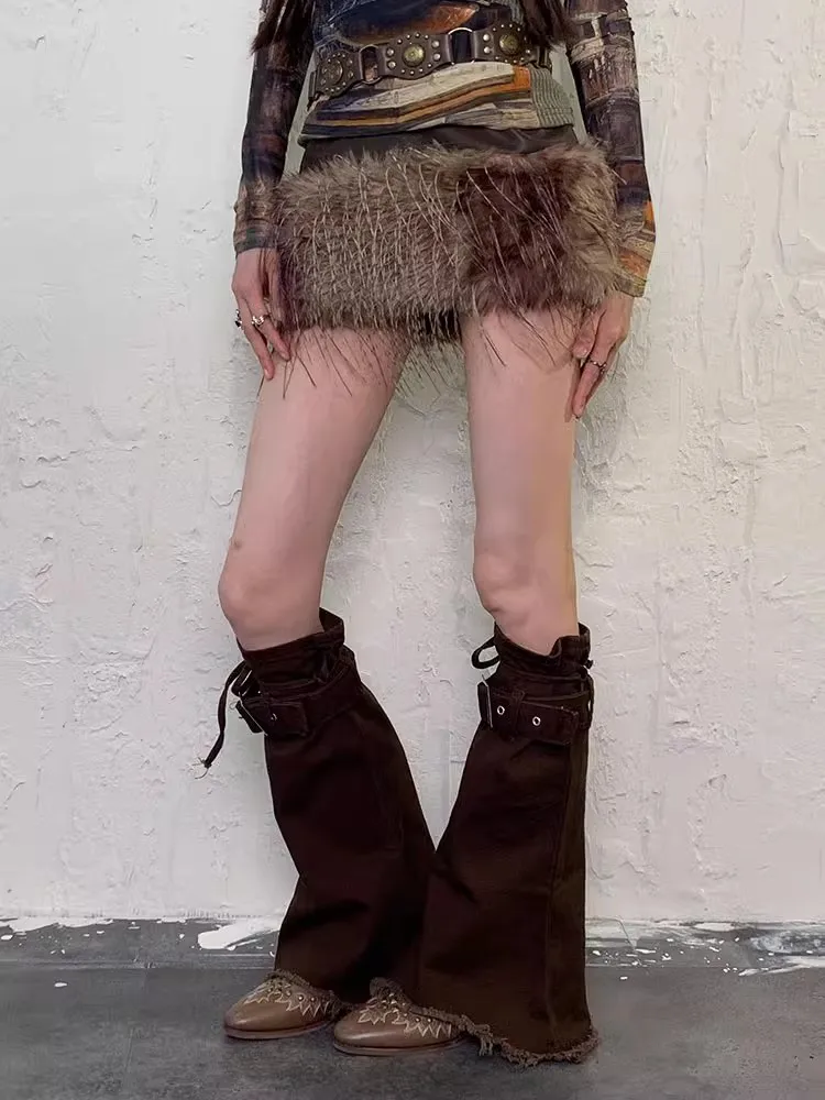 REDDACHiC Grayu Y2k Women Denim Leg Warmers Bandage Plain Brown Flare Knee Long Socks Belt Raw Hem Boots Cover Vintage Clothes