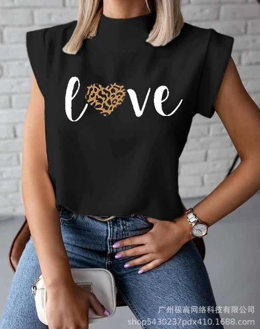 Women's Fashion T-Shirt 2024 Spring Summer Latest Small Flying Sleeves Round Neck Printed Top Elegant Style Commanding Blouses