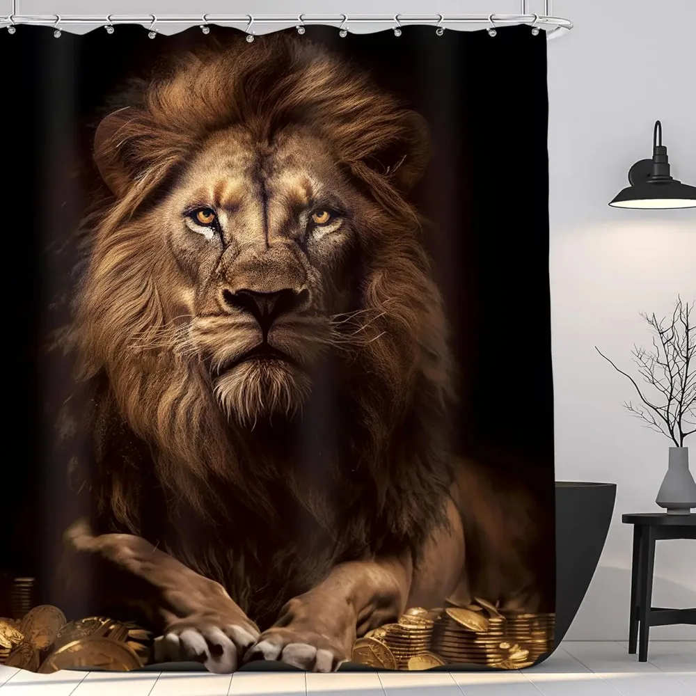 

Занавеска для душа с изображением африканского льва, золотисто-коричневая, в винтажном стиле джунглей, с забавными животными сафари, черная, художественная ткань