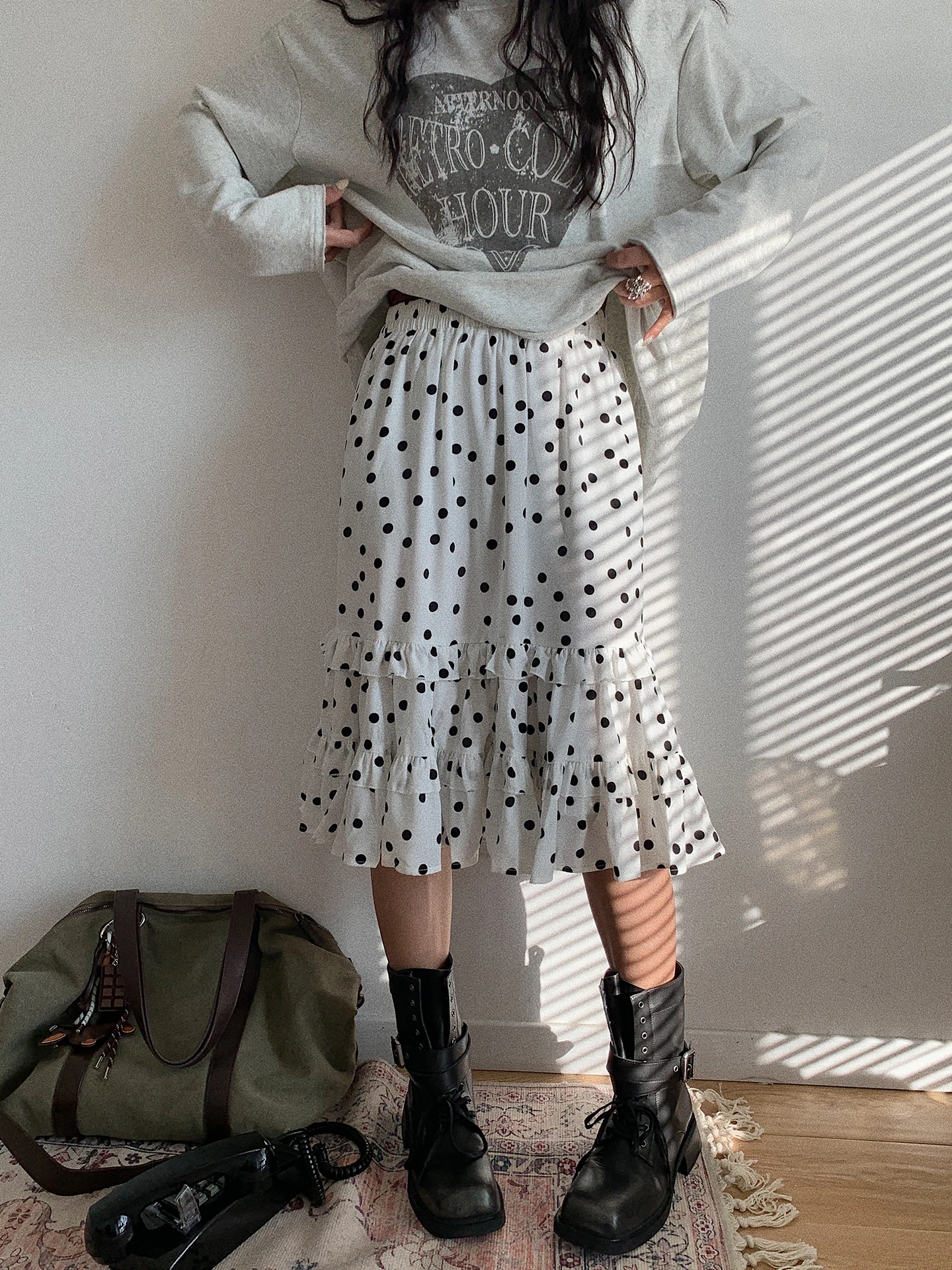 

Soloki Korean Sle Midi Polka Dot Skirt Elastic Waist Chiffon Ladies' Skirts Spring Summer Autumn Faion Ele