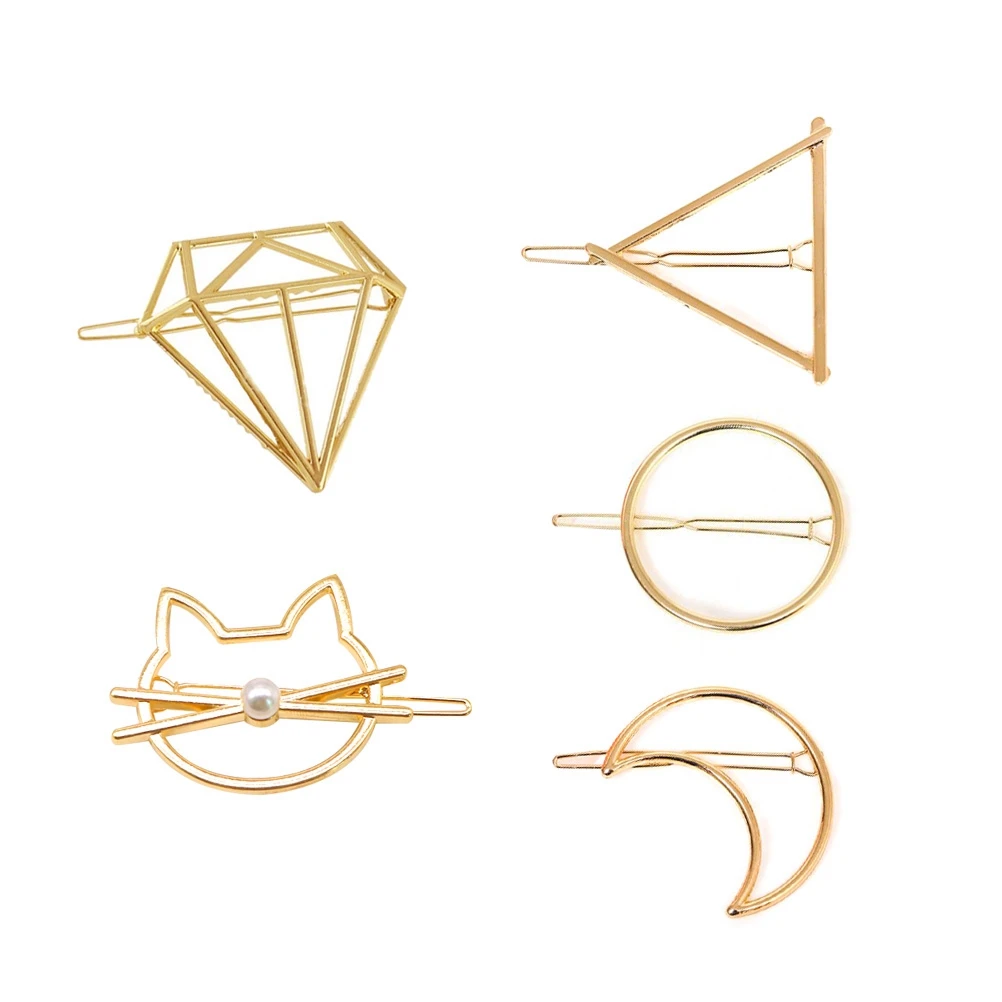 

5 pcs Metal Alloy Hair Clips Round Moon Cat Barrettes Triangular Geometric Design Suitable Wedding Party Daily Life Accessories