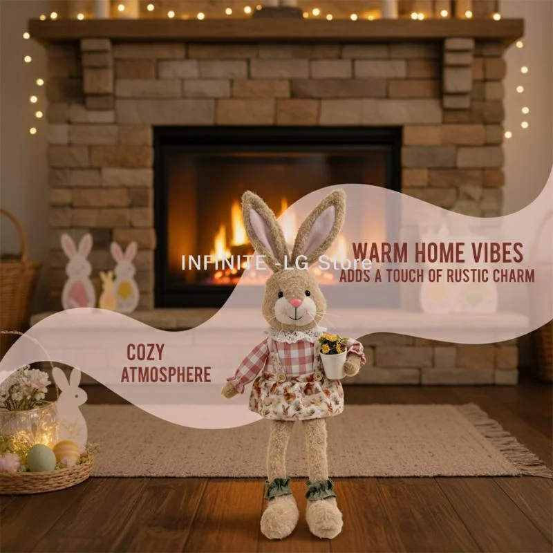 Easter Themed Pastoral Long Leg Sitting Rabbits, Plush Desktop Decoration Ideal For Party And Family Gatherings