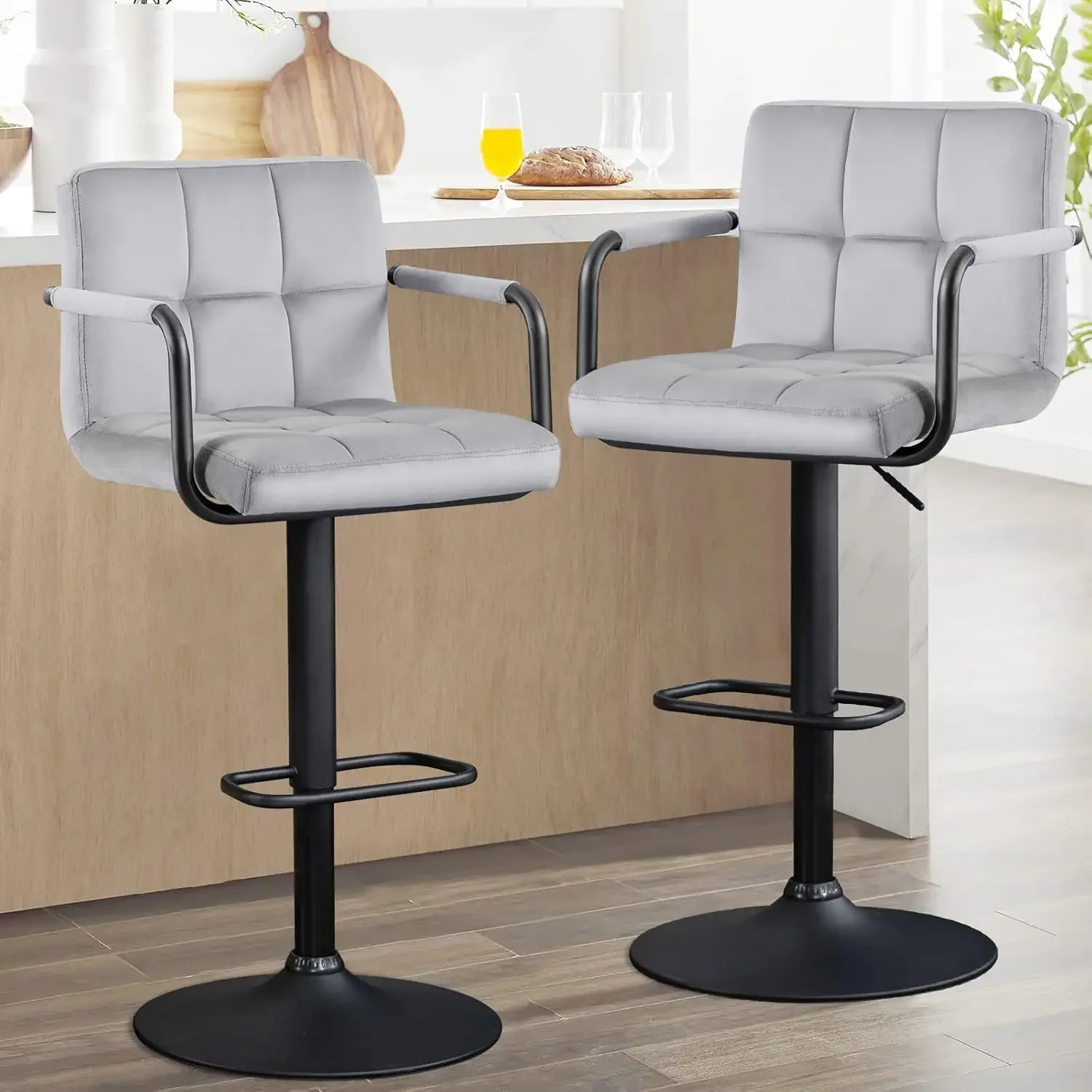 Furnimart Adjustable Bar Stool Swivel Barstools Set of 4 Counter Stools with Armrest and Footrest Upholstered Bar Chairs