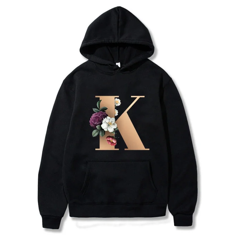 

A B C D E English Alphabet Printed Female Hoodie Women New Autunm Couples Lovers Long Sleeve Hoody Harajuku Casual Black Tops