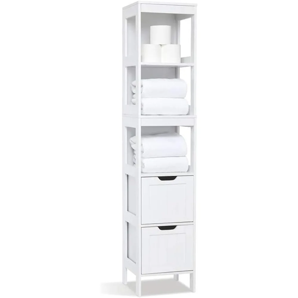 Meerveil Tall Bathroom Cabinet, Storage Unit with 2 Drawers and 3 Open Shelves, White Free Standing Painted MDF Slim Organiser,