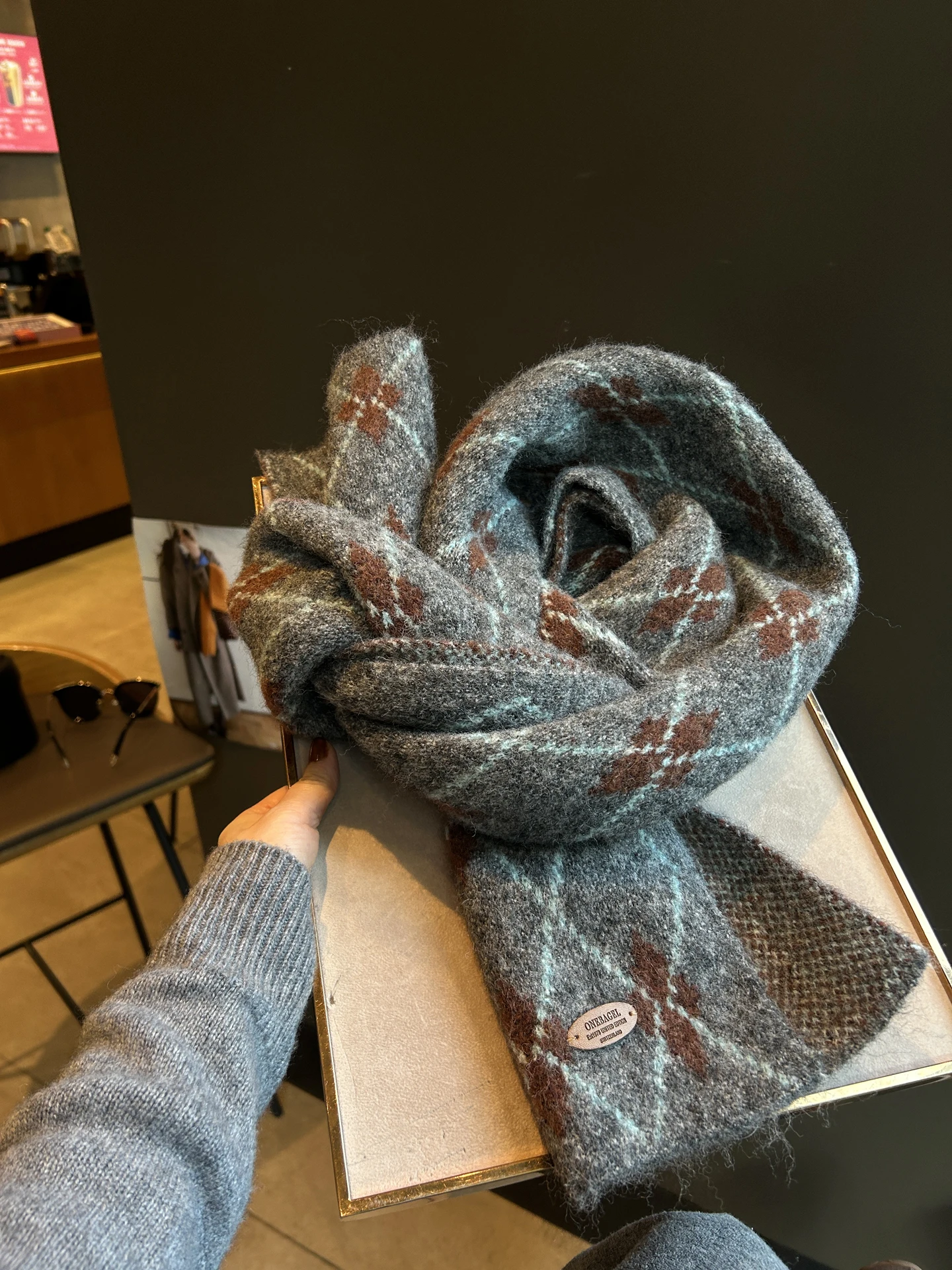 韓国風レディースウール混紡スカーフダイヤモンド幾何学模様レトロ学生ネックウォーマーロング長方形保温秋冬