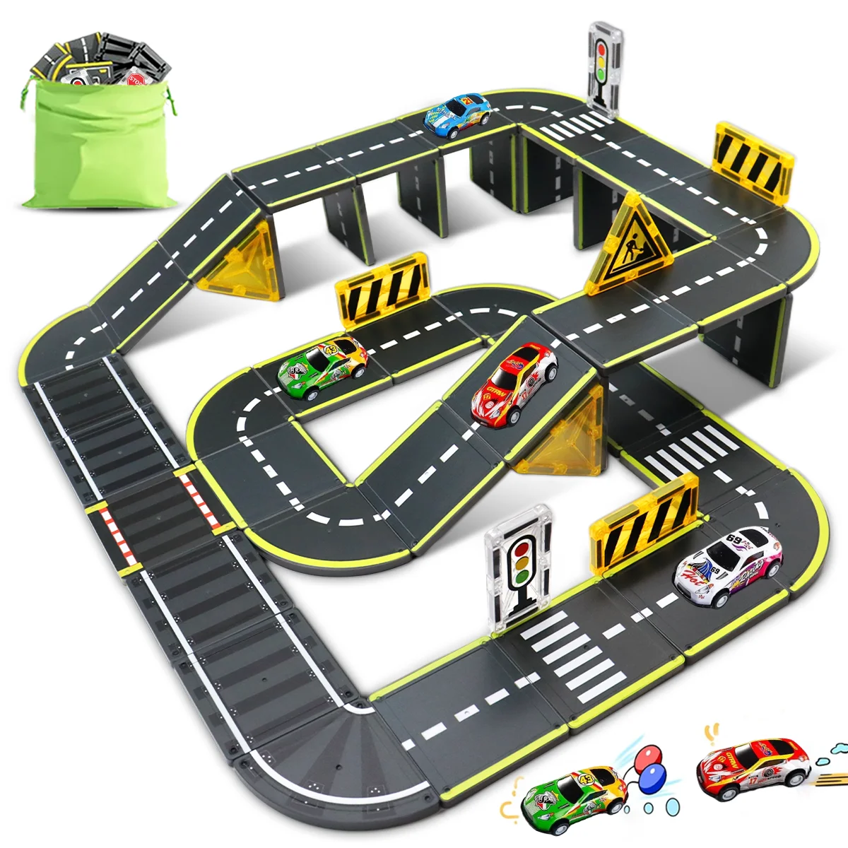 Magnetic Building Blocks Toy Magnetic Track Road with Cars, Stem Toy Creative and Educational Construction Toy, Suitable for Children's Birthday Holiday Gifts, Random Color