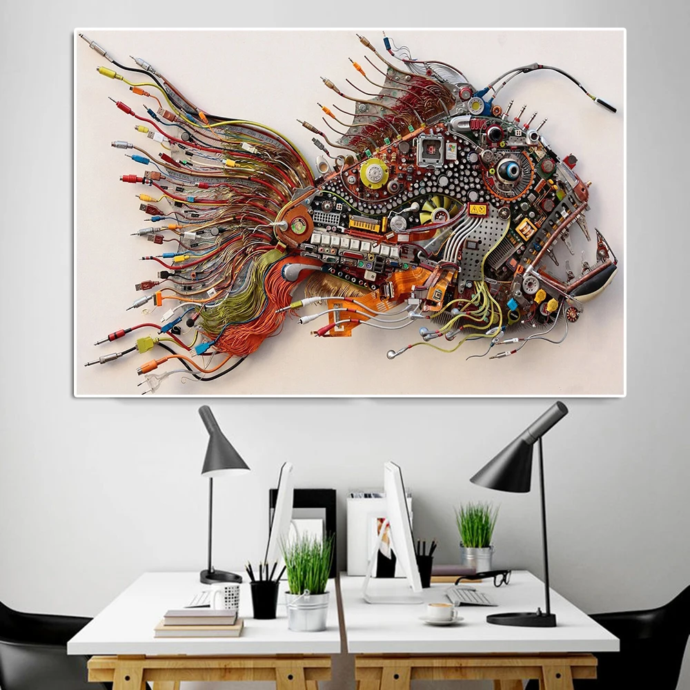 

Abstract Science Fish Electronic Wall Art Print Computer Parts Comic Poster Office Inspirational Canvas Painting Room Home Decor