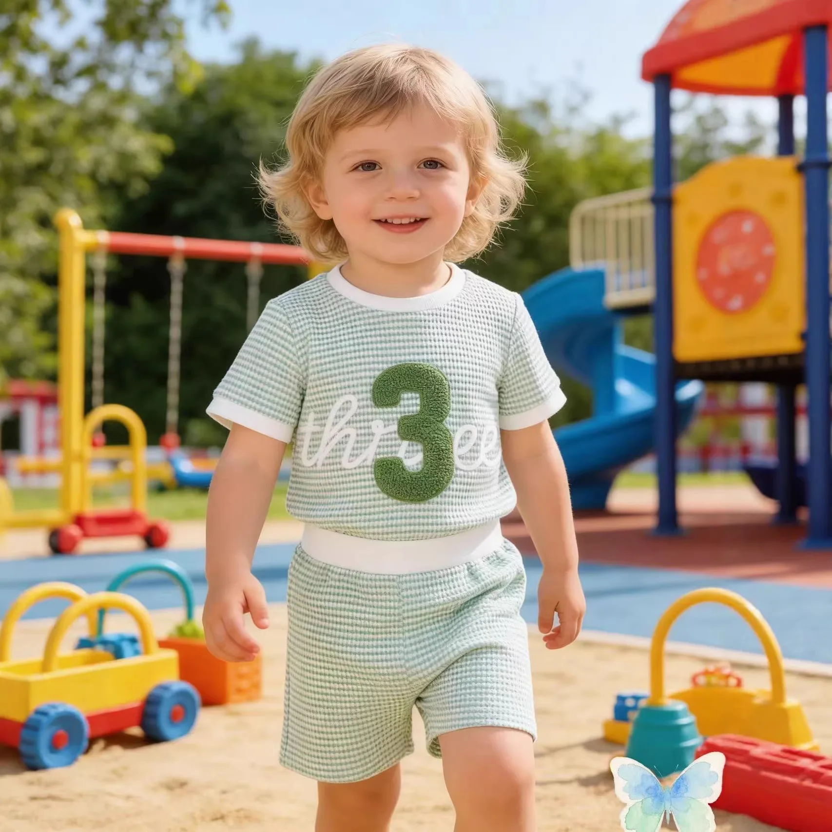 

Летний нейтральный комплект для младенцев и малышей: новая полосатая футболка с цифровым принтом и тремя вышивками + шорты (двойной комплект)