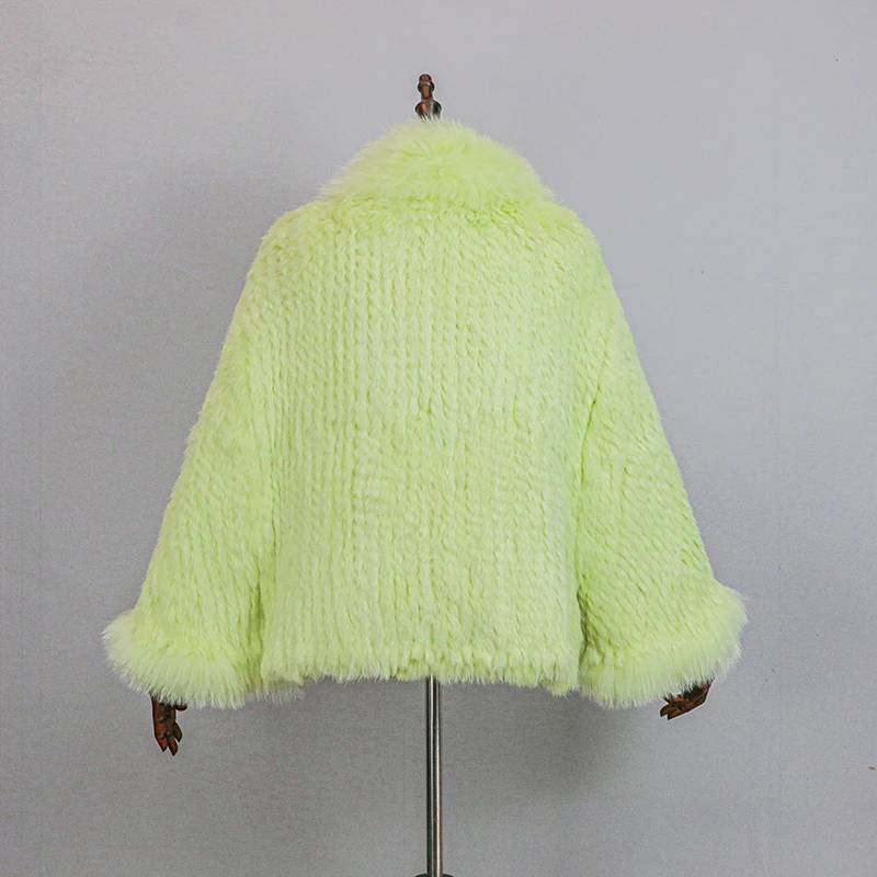 New Extra Long Real Genuine Natural Knitted Rabbit Fur Shawl Coat with Fox Fur Collar Women's Fashion Knit Jacket Cape