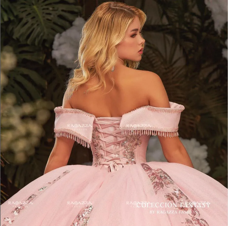 Fantasy Pink Quartz Princess Quinceanera Dresses Sparkly Off Shoulder Tassel Gillter Applique vestidos de 15 quinceañera 2024