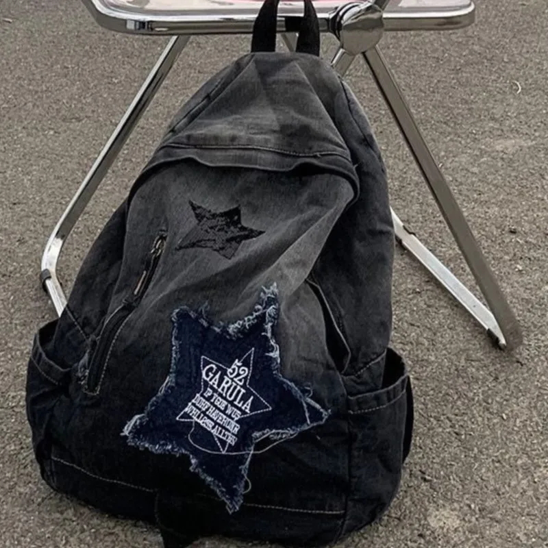 JIAERDI Vintage Star Harajuku Backpack Wanita Denim Kapasitas Besar Tas Ransel Pelajar Y2k Serbaguna untuk Sehari-hari Mochilas Mujer Baru